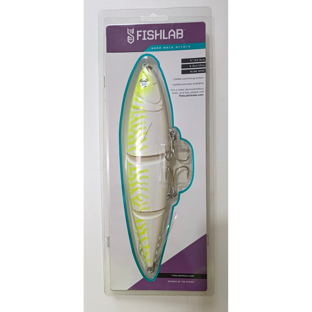 FishLab Hard Mack Attack Slow Sink Swimbait 9in 5.3oz White Yellow MAH-SS-9-GST